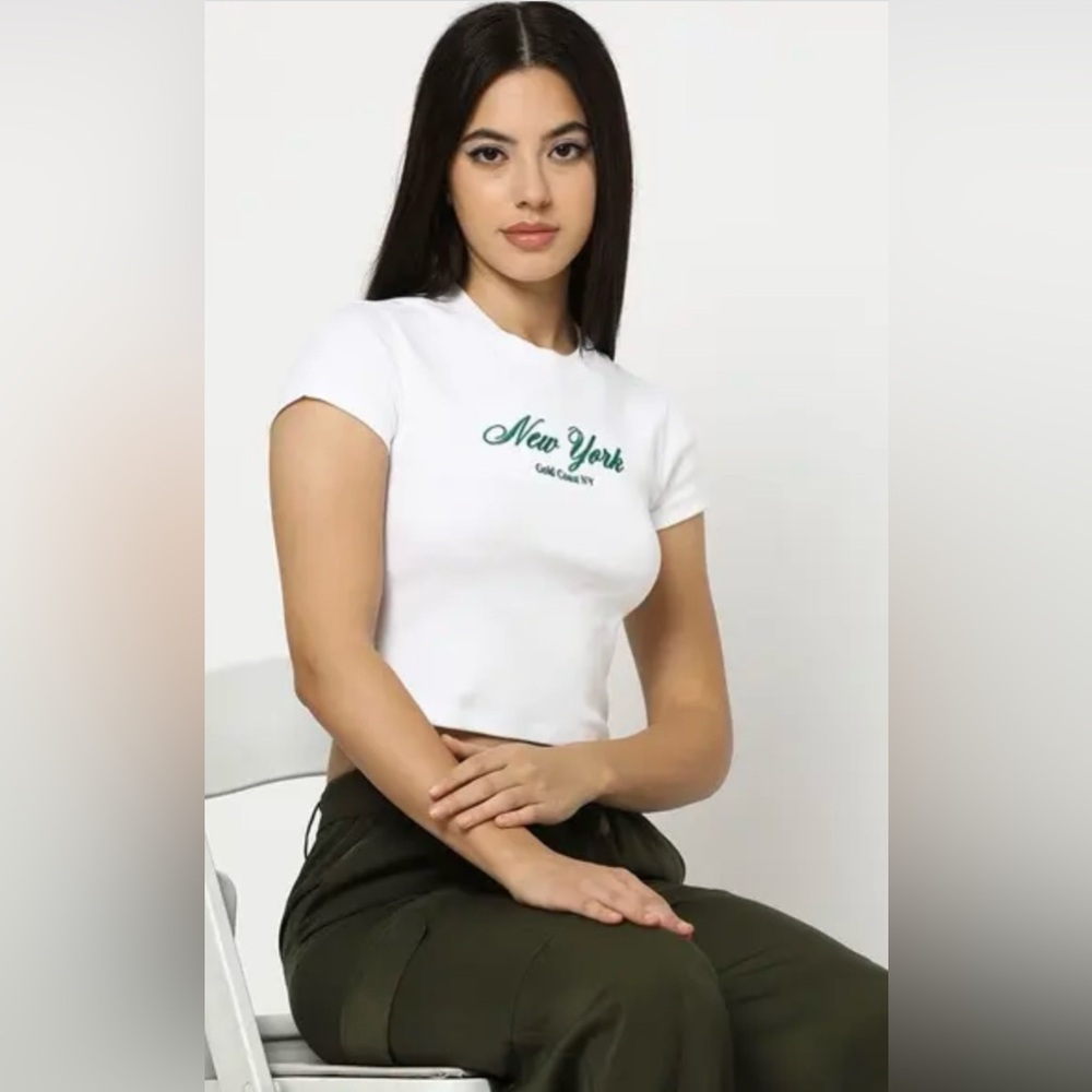 Zara White Crop Top with Green Text